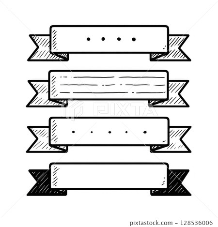 Set of hand drawn ribbon banners in sketch style, featuring various designs with dots and lines, perfect for decorative purposes in graphic design projects 128536006
