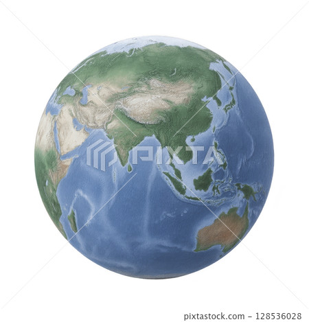Detailed 3D rendering of Earth showcases Asia, Australia, and surrounding oceans, highlighting geographical features and topography. image provides realistic view of planet surface 128536028