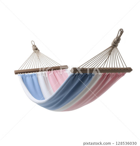 Colorful hammock with pink, blue, and white stripes is suspended by sturdy ropes, creating relaxing and inviting atmosphere. Perfect for outdoor leisure and comfort 128536030