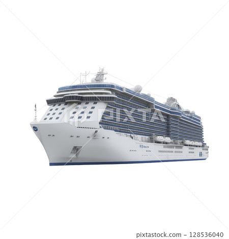 Large, modern cruise ship with multiple decks and lifeboats is shown against transparency background. ship features sleek design, numerous windows, and spacious upper deck area Large, modern cruise ship with multiple decks and lifeboats is shown against transparency background. ship features sleek design, numerous windows, and spacious upper deck area 128536040