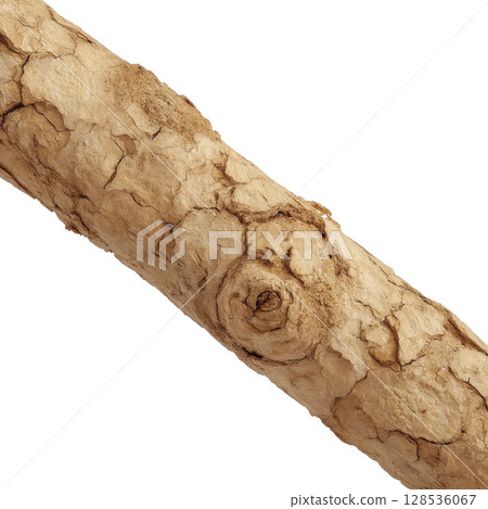 Close up of textured tree branch with knot, showcasing its rough, natural surface and earthy tones. detailed bark pattern highlights organic beauty of wood 128536067