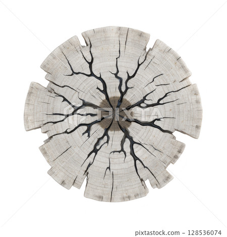Cross section of tree trunk with visible growth rings and cracks radiating from center, showcasing natural patterns and textures. wood appears aged and weathered, highlighting its organic beauty 128536074