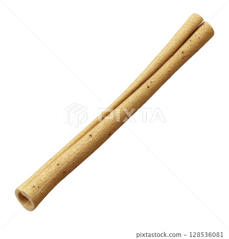 Single, long, cylindrical wafer roll with light brown color and small dark specks is shown against plain background. texture appears crispy and delicate 128536081