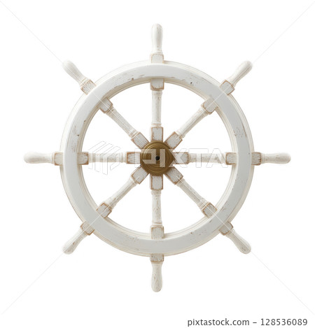 Vintage wooden ship wheel with weathered finish, featuring eight spokes and central brass hub, evokes nautical theme. rustic design adds maritime charm 128536089