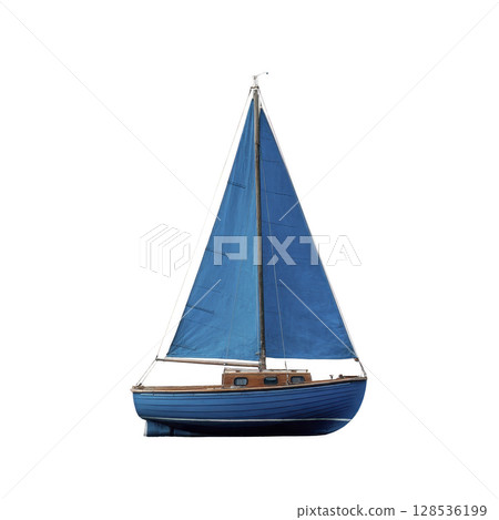 Blue sailboat with tall sails stands isolated against transparency background, showcasing its sleek design and nautical charm. boat wooden accents add classic touch 128536199