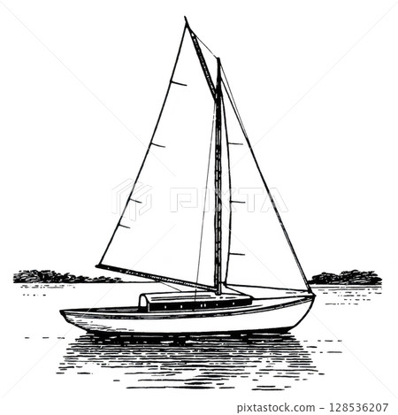 Detailed sketch of sailboat with tall sails gliding on calm water, reflecting serene and peaceful atmosphere. monochrome drawing captures elegance of vessel Detailed sketch of sailboat with tall sails gliding on calm water, reflecting serene and peaceful atmosphere. monochrome drawing captures elegance of vessel 128536207