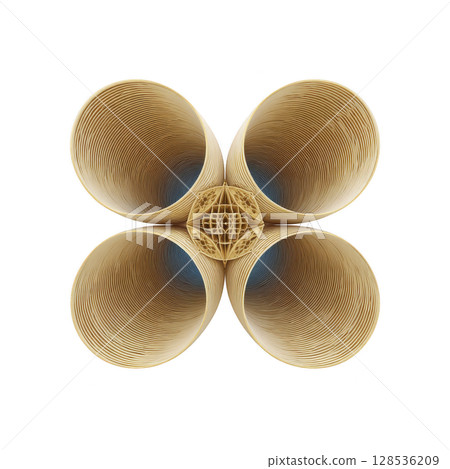 Symmetrical abstract design features four circular, tunnel like structures converging center, creating visually intriguing pattern. image is set against transparency background, enhancing 128536209