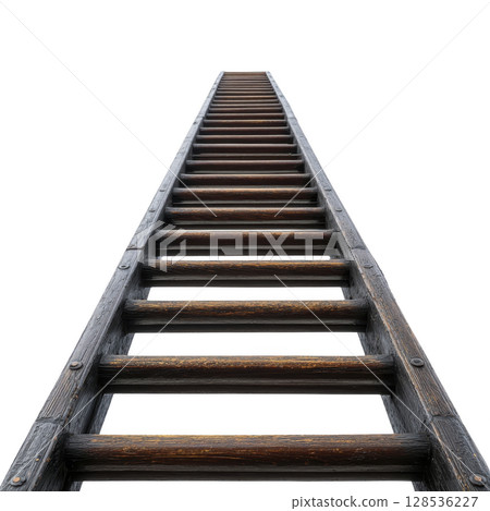 Wooden ladder extends upwards into transparency background, symbolizing ambition and progress. perspective creates sense of infinity and aspiration Wooden ladder extends upwards into transparency background, symbolizing ambition and progress. perspective creates sense of infinity and aspiration 128536227