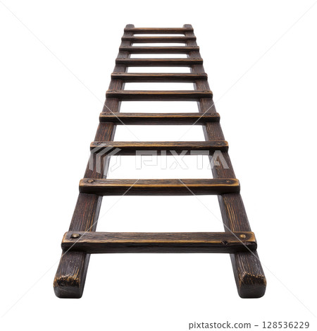 Rustic wooden ladder with weathered appearance is shown against transparency background, emphasizing its sturdy construction and vintage charm Rustic wooden ladder with weathered appearance is shown against transparency background, emphasizing its sturdy construction and vintage charm 128536229