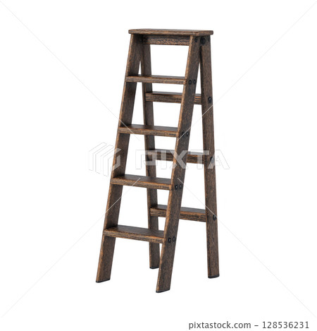 Rustic wooden ladder with dark finish stands upright, showcasing its sturdy design and multiple steps. Ideal for home decor or practical use, it exudes vintage charm 128536231