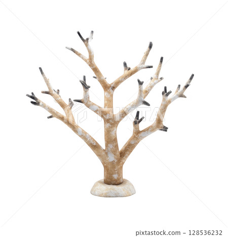 Decorative, leafless tree branch sculpture with natural wood texture and frosted tips, standing on round base, evokes wintery, minimalist aesthetic 128536232