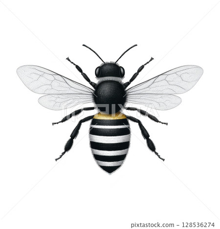 Detailed illustration of bee with transparent wings and striped black and white body, showcasing its intricate anatomy. bee is depicted in realistic style against plain background 128536274