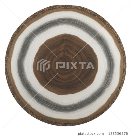 This shows cross section of tree trunk with visible growth rings, showcasing natural texture and pattern of wood. concentric circles vary color from dark brown to lighter shades, indicating 128536276