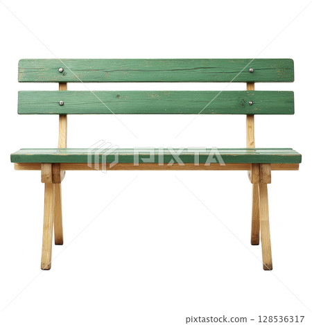 Simple wooden bench with green painted backrest and seat, featuring natural wood frame, stands isolated on transparency background. bench exudes rustic charm, ideal for outdoor settings 128536317