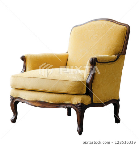 Classic yellow armchair with ornate wooden frame and plush upholstery, exuding elegance and comfort, perfect for vintage inspired living room 128536339