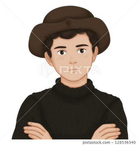 Young person with serious expression wears brown hat and dark sweater, arms crossed. illustration style is simple and clean, focusing on character thoughtful demeanor 128536340