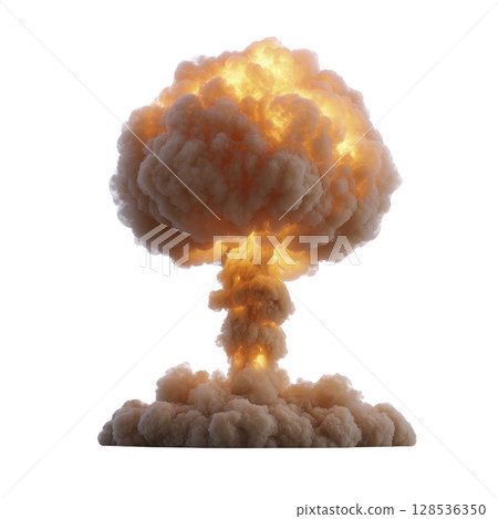 Powerful explosion creates massive mushroom cloud of smoke and fire, symbolizing destruction and chaos. fiery blast rises dramatically against clear background 128536350