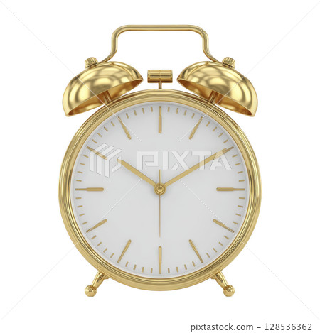 Classic gold alarm clock with twin bells and white clock face, showing timeless design. clock hands point to specific time, adding sense of anticipation 128536362