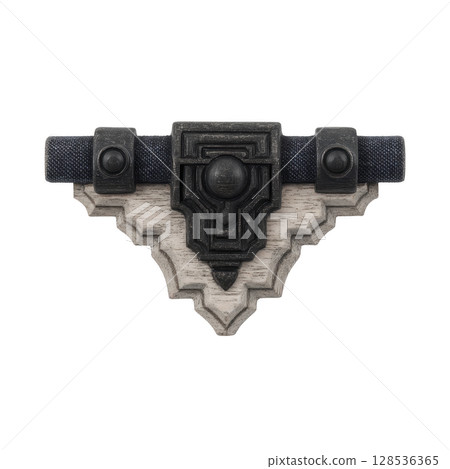 Ornate, vintage style metal latch with intricate geometric patterns and rustic finish, designed for decorative purposes on furniture or doors 128536365