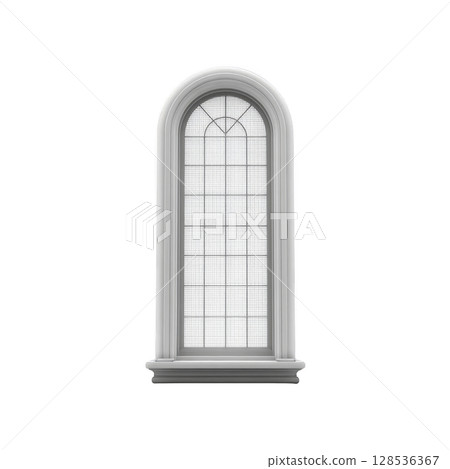 Elegant arched window with grid pattern and decorative frame, perfect for classic architectural designs. window design adds touch of sophistication and charm Elegant arched window with grid pattern and decorative frame, perfect for classic architectural designs. window design adds touch of sophistication and charm 128536367