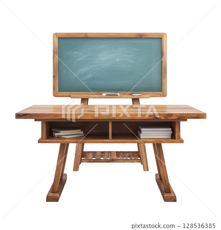 Wooden desk with books is placed in front of chalkboard, creating classic classroom setting. chalkboard is clean, ready for writing, and desk has rustic charm 128536385