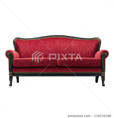 Luxurious red velvet sofa with elegant wooden legs and intricate detailing, perfect for adding touch of sophistication to any living room or lounge area 128536386