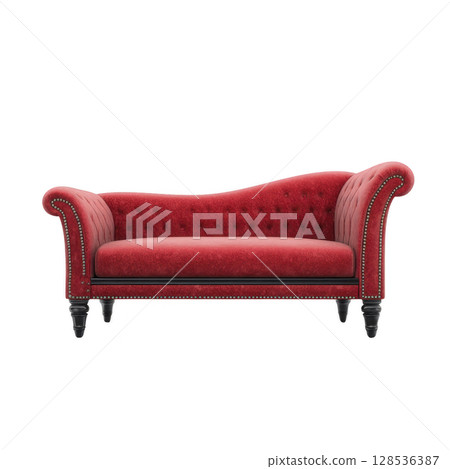 Luxurious red velvet sofa with elegant tufted design and curved armrests, perfect for adding touch of sophistication to any living room 128536387