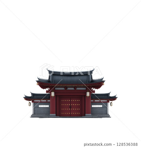 Traditional Asian temple gate with intricate architectural details and red and gray color scheme, showcasing cultural heritage and historical design elements 128536388