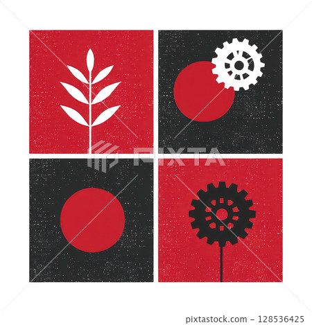 Geometric design features four quadrants with contrasting red and black elements, including leaf, gears, and circles, creating modern and abstract composition 128536425