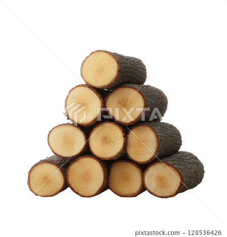 Stack of cut wooden logs arranged in pyramid shape, showcasing natural texture and rings of wood. logs are neatly aligned, highlighting their circular cross sections 128536426