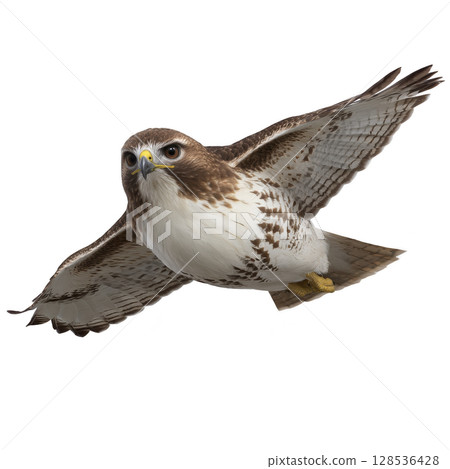 Majestic hawk soars through sky, showcasing its impressive wingspan and sharp gaze. bird detailed feathers and focused expression highlight its grace and power in flight 128536428