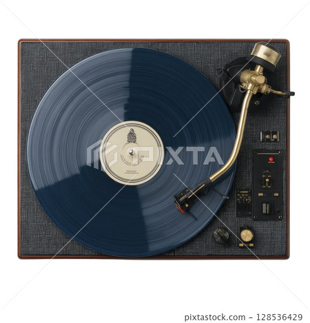 Vintage turntable with blue vinyl record and brass tonearm creates nostalgic atmosphere. textured surface and classic design evoke sense of retro charm 128536429