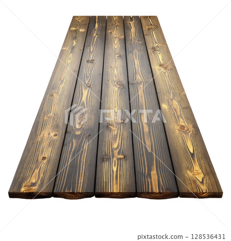 Wooden table with rustic, charred finish showcases unique, textured surface. planks display warm, natural wood grain pattern, creating inviting and cozy atmosphere 128536431