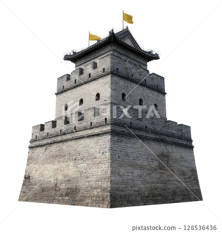 Historic stone fortress with yellow flags top, featuring multiple levels and arched windows, stands prominently. structure showcases ancient architectural design, evoking sense of history Historic stone fortress with yellow flags top, featuring multiple levels and arched windows, stands prominently. structure showcases ancient architectural design, evoking sense of history 128536436