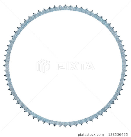 Circular blue denim frame with zigzag edge pattern creates stylish and textured border. design is simple yet elegant, perfect for adding rustic touch to any project 128536455