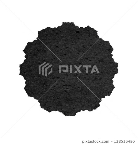 Black circular badge with textured surface and scalloped edges, resembling vintage label or seal, is centered on transparent background 128536480