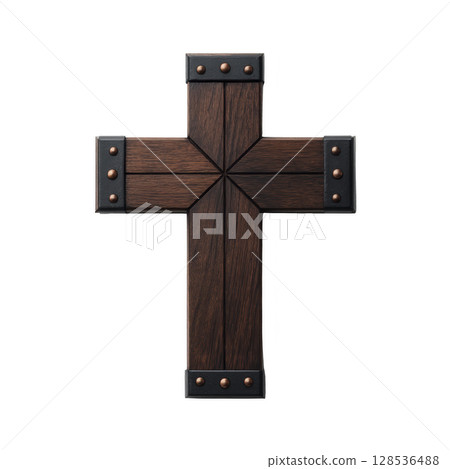 Wooden cross with metal accents and rivets, showcasing rustic and sturdy design. dark wood and metallic elements create contrast, highlighting craftsmanship and tradition 128536488