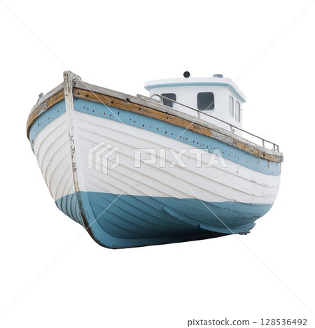 Vintage wooden fishing boat with blue and white hull is isolated on transparency background, showcasing its rustic charm and weathered texture 128536492