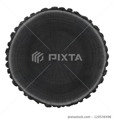 Round, dark wooden tree ring cross section with visible growth rings and textured edges, showcasing natural patterns and organic beauty 128536496