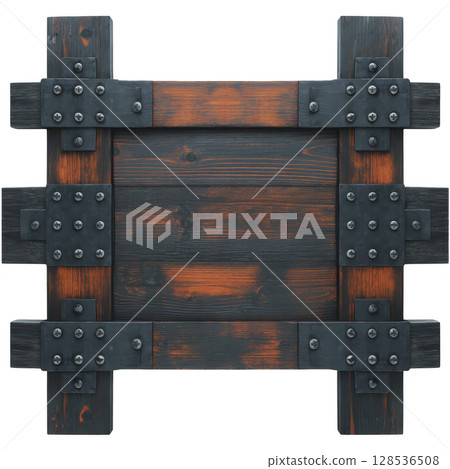 Rustic wooden sign with dark, weathered finish and metal rivets, evoking vintage and sturdy appearance. wood grain is visible, adding texture and character 128536508