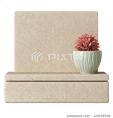 Small pink flower in textured white pot sits on beige stone platform, creating minimalist and serene composition. natural tones and simple design evoke sense of calm 128536509