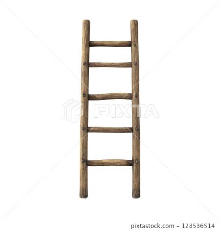 Rustic wooden ladder with five rungs stands upright, showcasing its natural texture and sturdy design. ladder simplicity and vintage appeal evoke sense of nostalgia 128536514