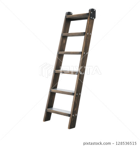 Wooden ladder with five steps is shown, featuring dark finish and metal reinforcements at top. ladder is designed for indoor use, providing sturdy and reliable option for reaching higher areas 128536515