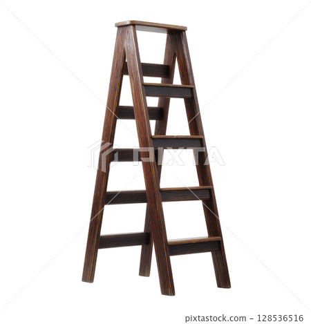Wooden step ladder with sturdy design and multiple steps is shown, ideal for reaching high places in home or work settings. ladder dark finish adds touch of elegance 128536516
