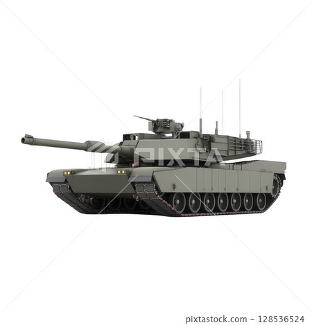 Modern military tank with long barrel and heavy armor is depicted, showcasing advanced technology and design. tank is positioned on transparency background, emphasizing its robust structure 128536524