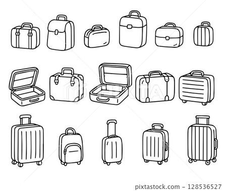 Hand drawn suitcases and travel bags. Vector illustration in doodle style on white background. Vector illustration. 128536527