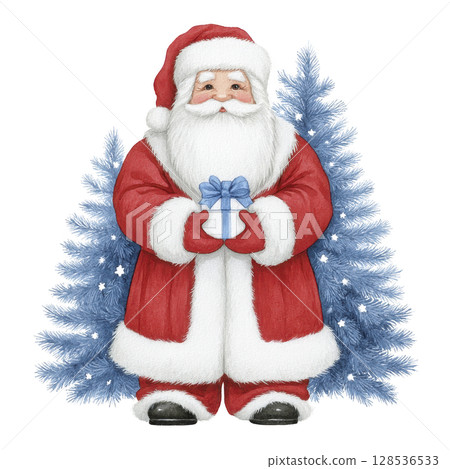 Santa Claus holding gift stands in front of blue Christmas tree, evoking festive and joyful holiday spirit. scene is adorned with snowflakes, enhancing wintery atmosphere Santa Claus holding gift stands in front of blue Christmas tree, evoking festive and joyful holiday spirit. scene is adorned with snowflakes, enhancing wintery atmosphere 128536533