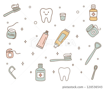 Different oral hygiene tools in doodle style. Toothbrushes, paste, dental floss, mouthwash. Oral hygiene, oral care, healthcare concept. Hand drawn vector seamless pattern. Background, wallpaper 128536543