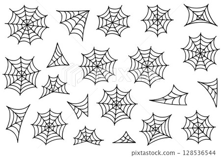 Set of spider web for Halloween. Halloween cobweb, frames and borders, scary elements for decoration.  128536544