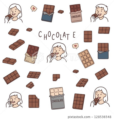 Happy smiling children eating delicious chocolate. World chocolate day. Colorful bright fashion illustration 128536548